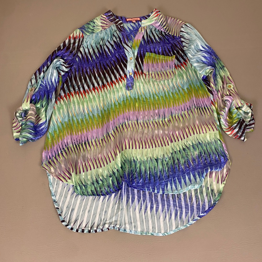 Nikkies Threads Tunic Blouse Top Women's XL Abstract Zig Zag  Roll Tab High Low